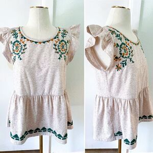 Kindle Flutter sleeve oatmeal blouse with embroidery S